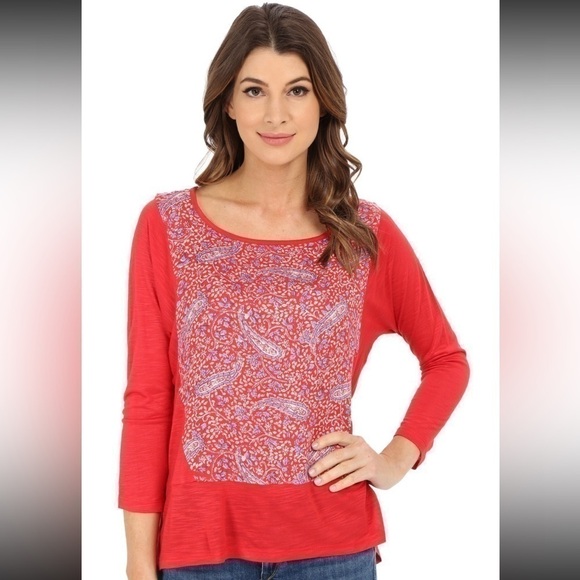 Lucky Brand Womens Top Dolman Sleeve Red Paisley Floral Red Sz Large Split back - Picture 1 of 16